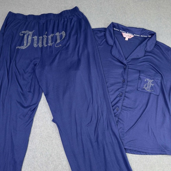 Juicy Couture Sleepwear Navy 2 Piece Pajama Set Bling Crown Spell Out‎ Sz L Y2K - Picture 1 of 9